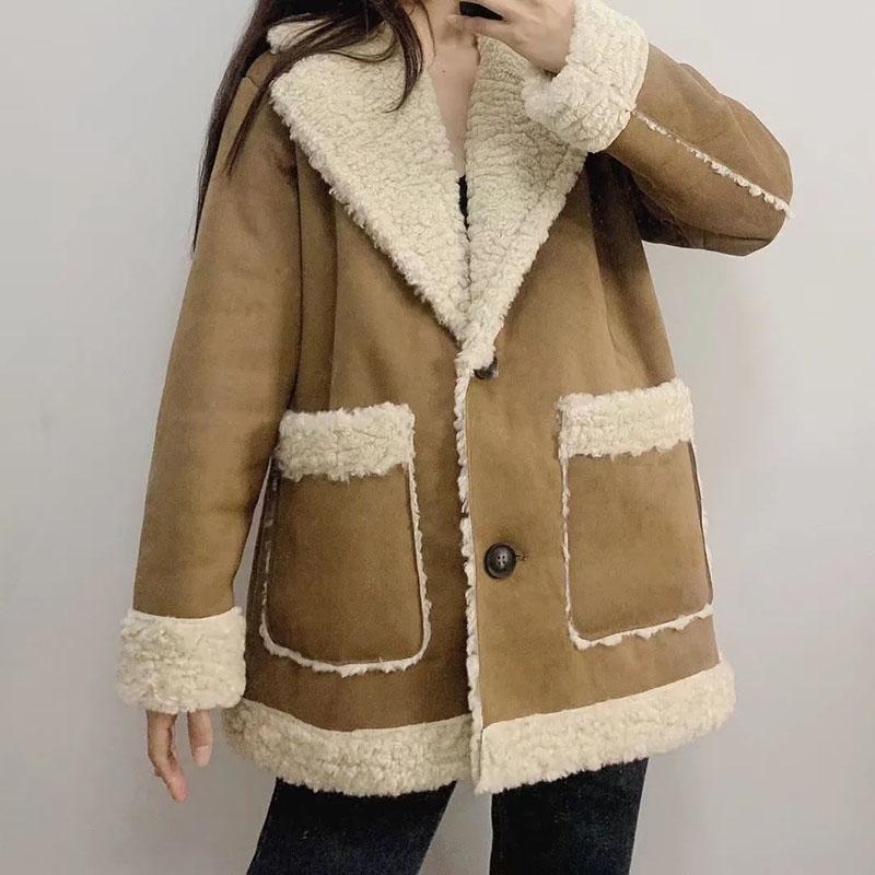 WTEMPO Autumn Winter Women Warm Faux Fur Fleece Coat Lamb Wool Thick Locomotive Lapel Jacket Female Chic Outwear Top Clothing