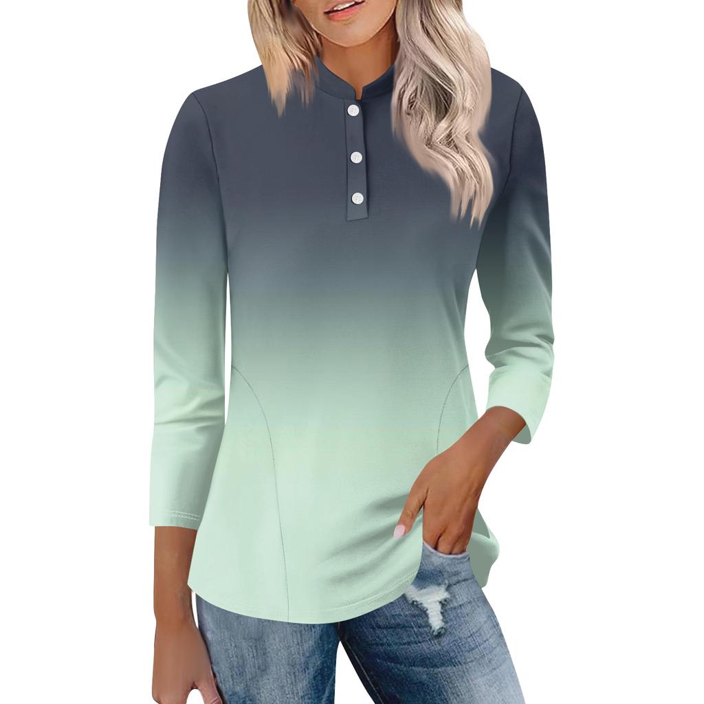 Womens Casual Loose Fit Polo Collar Top with Three Quarter Sleeves Gradient Print Pullover Henley Blouse Shirt