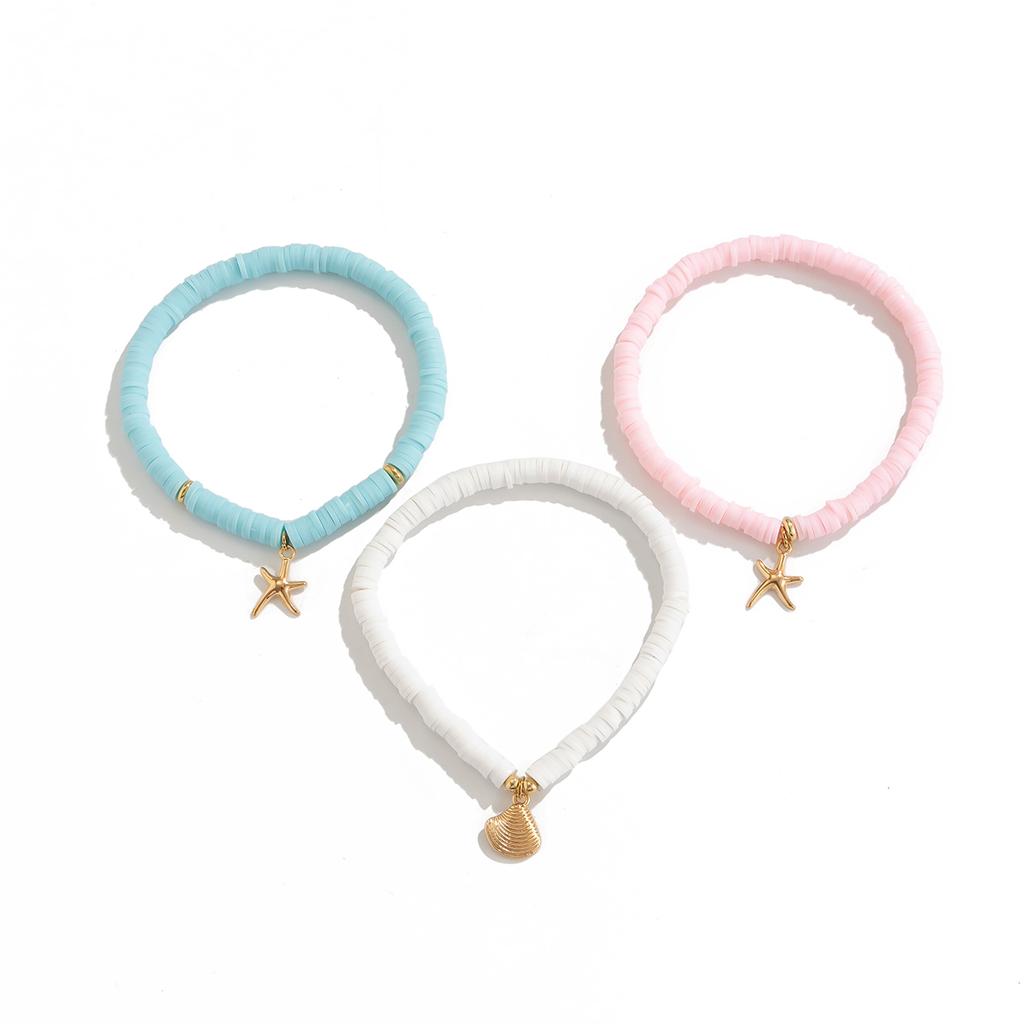 SHIXIN 3Pcs Bohemian Colorful Soft Pottery Beaded Bracelet Set for Women Beach Conch Starfish Charm Bangle Girls Fashion Jewelry