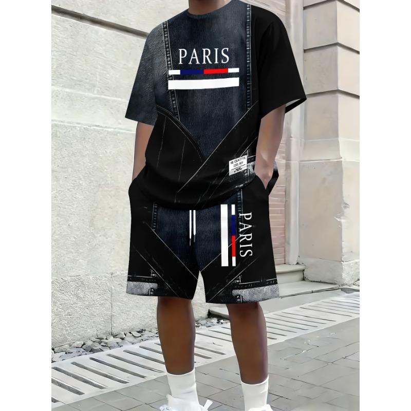 Simple imitation denim style King letter digital printing suit men s daily versatile short-sleeved shorts combination S