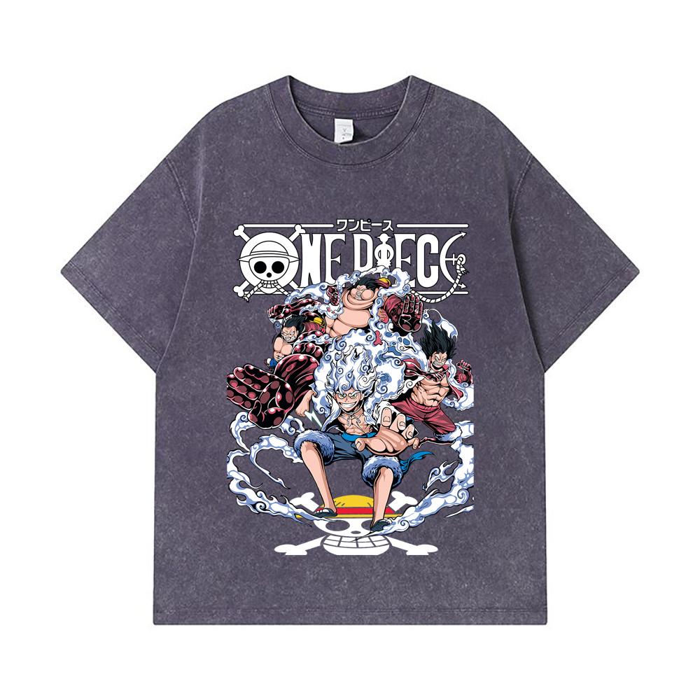 275 GSM Washed T-shirts 100% Cotton One Piece V30 Luffy Gears Print Unisex Heavy Cotton T Shirt