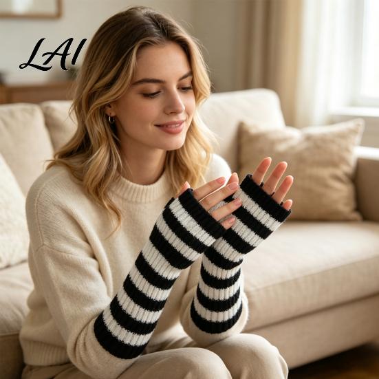 Fashionable Fall Arm Covers Striped Knitted Warmers for Women Fingerless Sleeves Soft Wrist Thermal Autumn Winter Fashion Accessories Girls