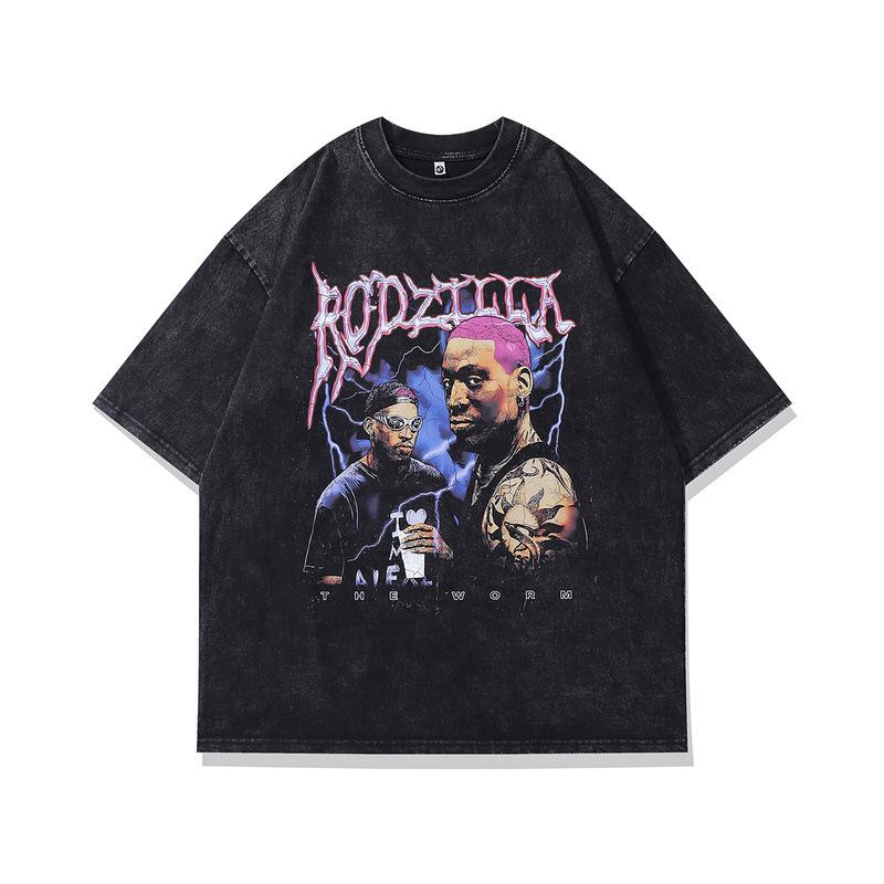 European And American Hip Hop Portrait Printing T-Shirt Oversize High-Quality Men'S Clothing Washed Retro Short-Sleeved T-Shirt