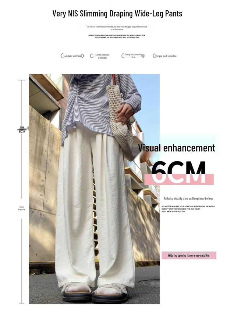 Women's Summer 2024 Ice Silk Wide-Leg Pants - White Textured Casual Petite Style