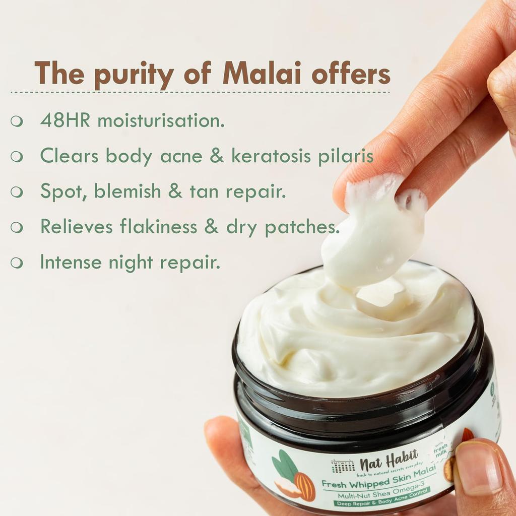 Nat Habit Multi-Nut Omega 3 Moisturiser, Skin Malai, Body Cream, Body Butter, Cold Cream Winter | Hydration, Skin Repair & 48 HR Moisture, Body Lotion