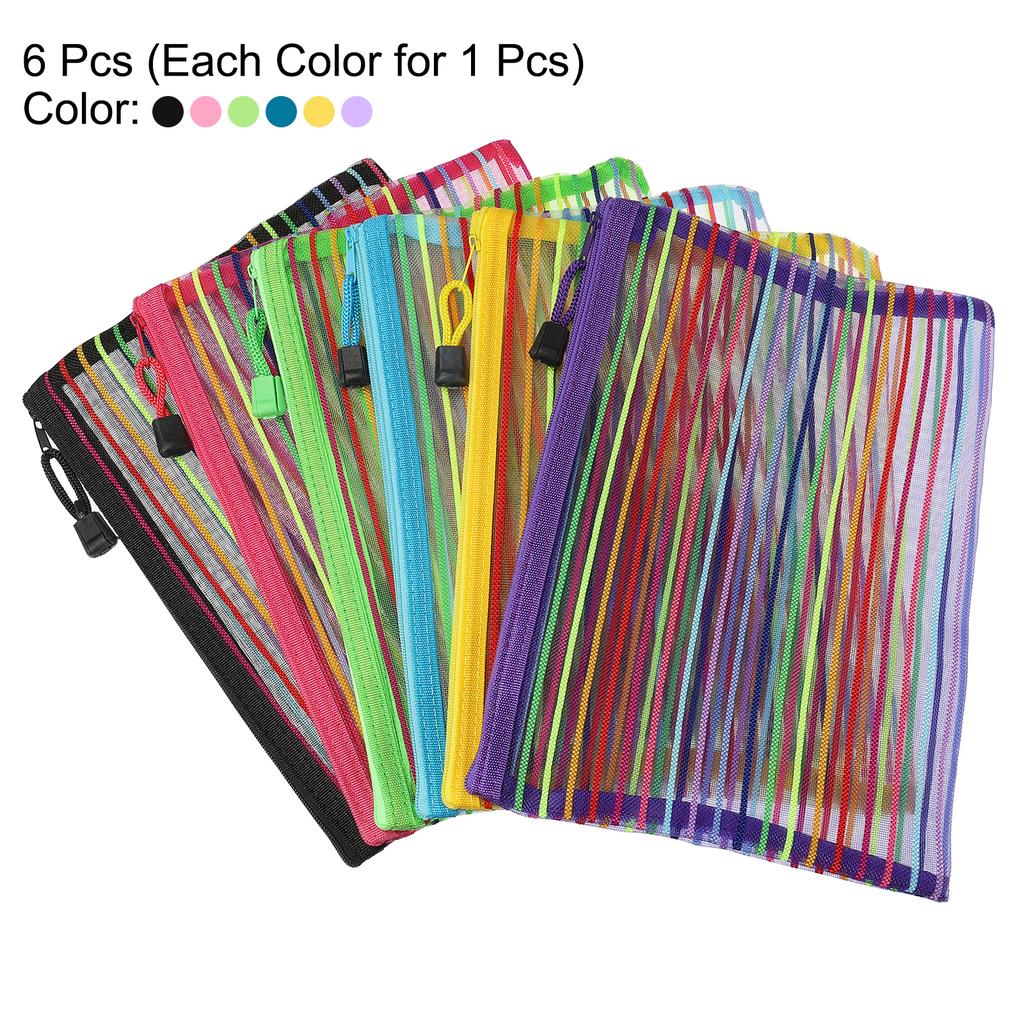 6Pcs A5/B6 Mesh Zipper Pouch Rainbow Color File Bags Colorful Nylon Mesh Document Bag Multipurpose Travel Bags File Organizer