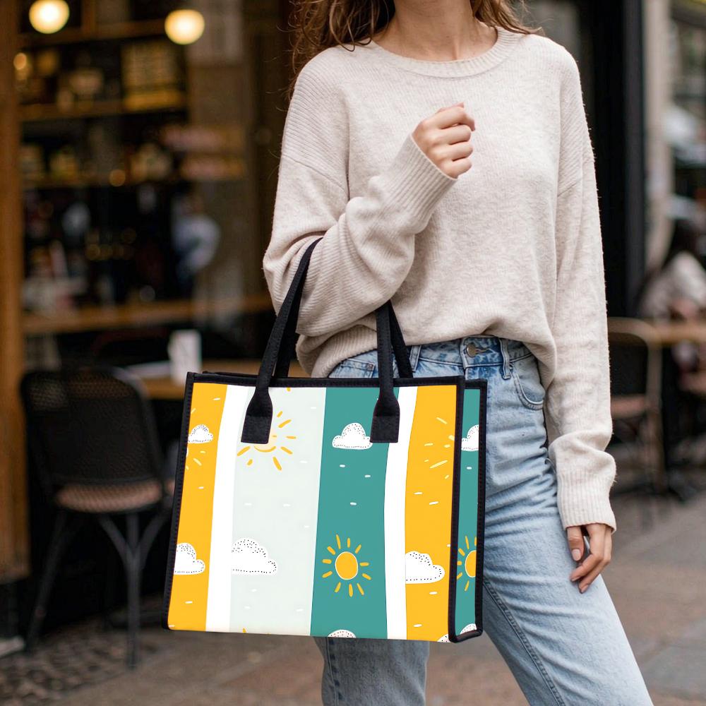 Cute Sun Cloud Pattern Tote Bag Portable Casual Daily Shoulder Handbag for Shopping Travel