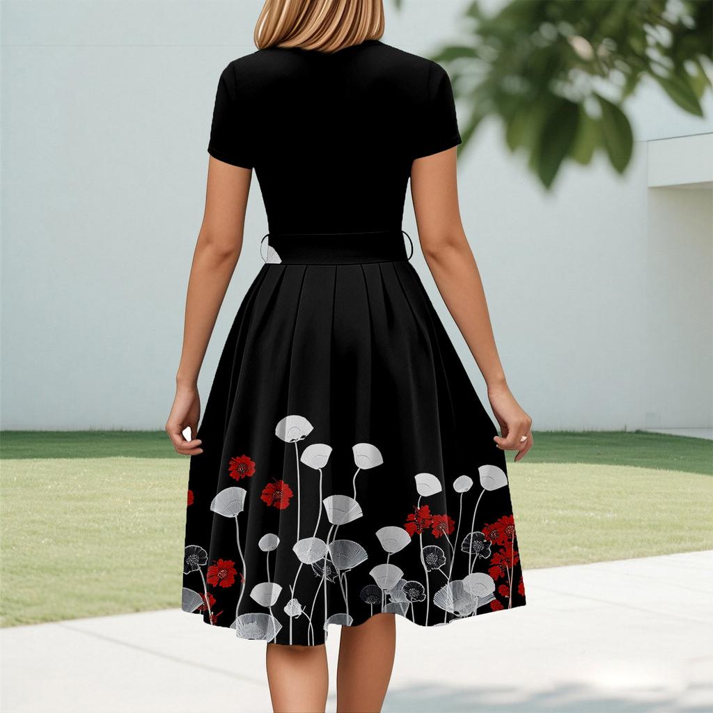 Women's Fashion Casual Belt Short Sleeve Round Neck Geometric Printing Splicing Elegant Temperament Dresses