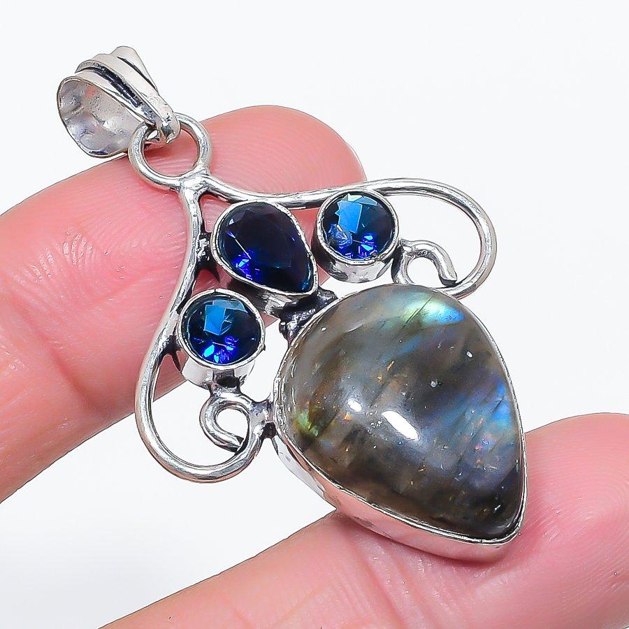 Natural Labradorite, Topaz 925 Sterling Silver Jewelry Pendant 2.05" H2N82