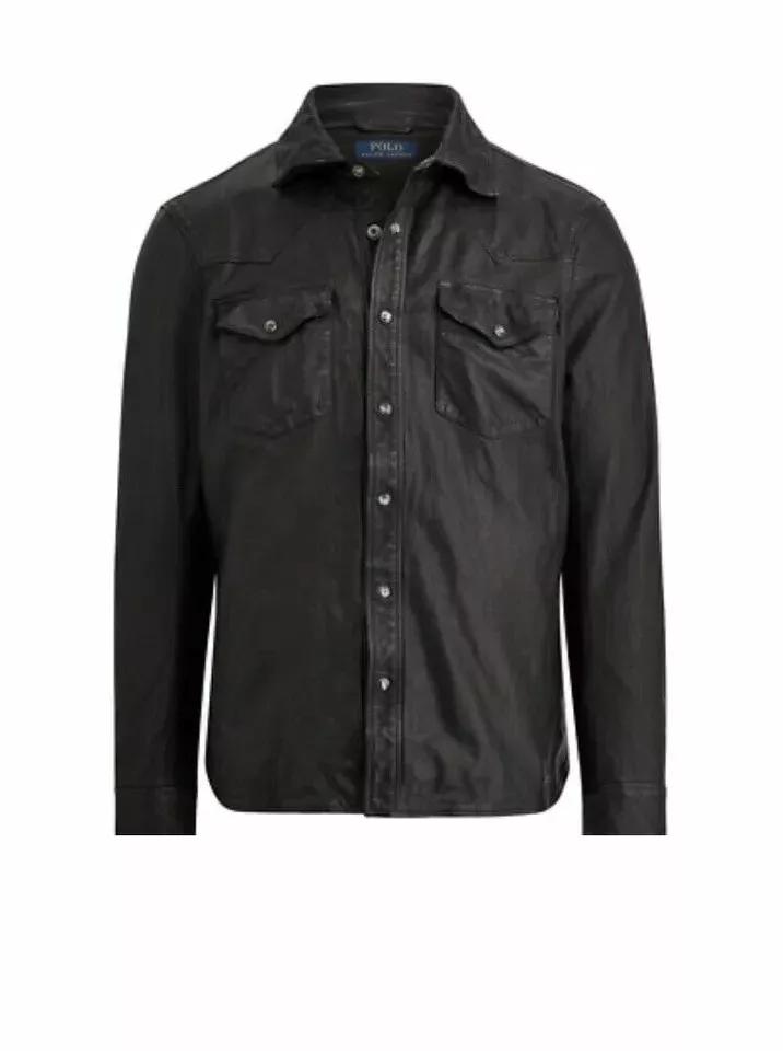 Stylová černá pánská košile z pravé jehněčí kůže z měkké kůže, ručně vyráběná motorkářská motocyklová košile