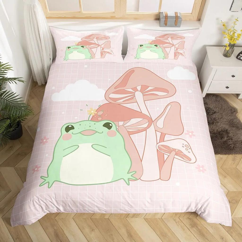 Frog Duvet Cover Set Cute Kawaii Cartoon Frog Pattern King Queen Size Polyester Comforter Cover With Pillowcase For Kids Girls