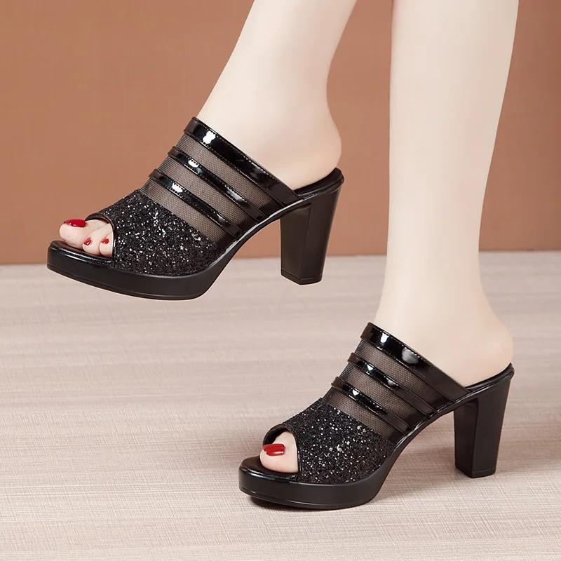 8cm Small Size 32-43 Elegant Fashion Mesh Rhinestone Leather Slippers Platform Shoes 2025 Block High Heels Slides Office Model