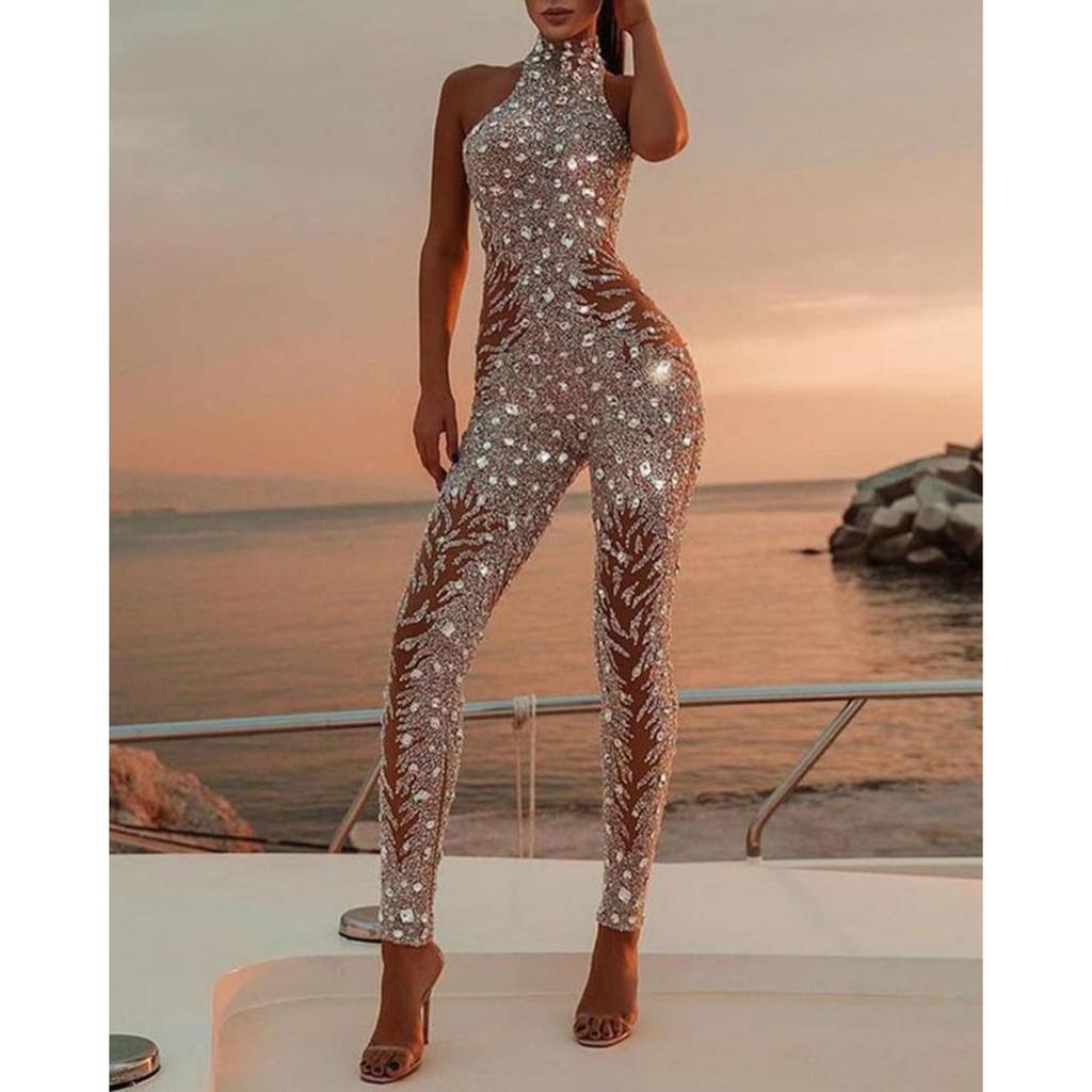 Fall Winter New Women's Gold Foil Sexy Sleeveless Long Jumpsuit Dropshipping