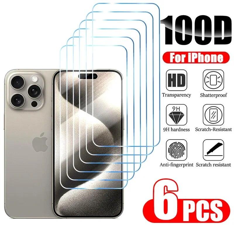 

6 шт. закаленное стекло для IPhone 15 14 13 12 11 Pro Max Защитная пленка для экрана для IPhone 11 13Mini 7 8 14 Plus SE X XS XR 15Pro Glass