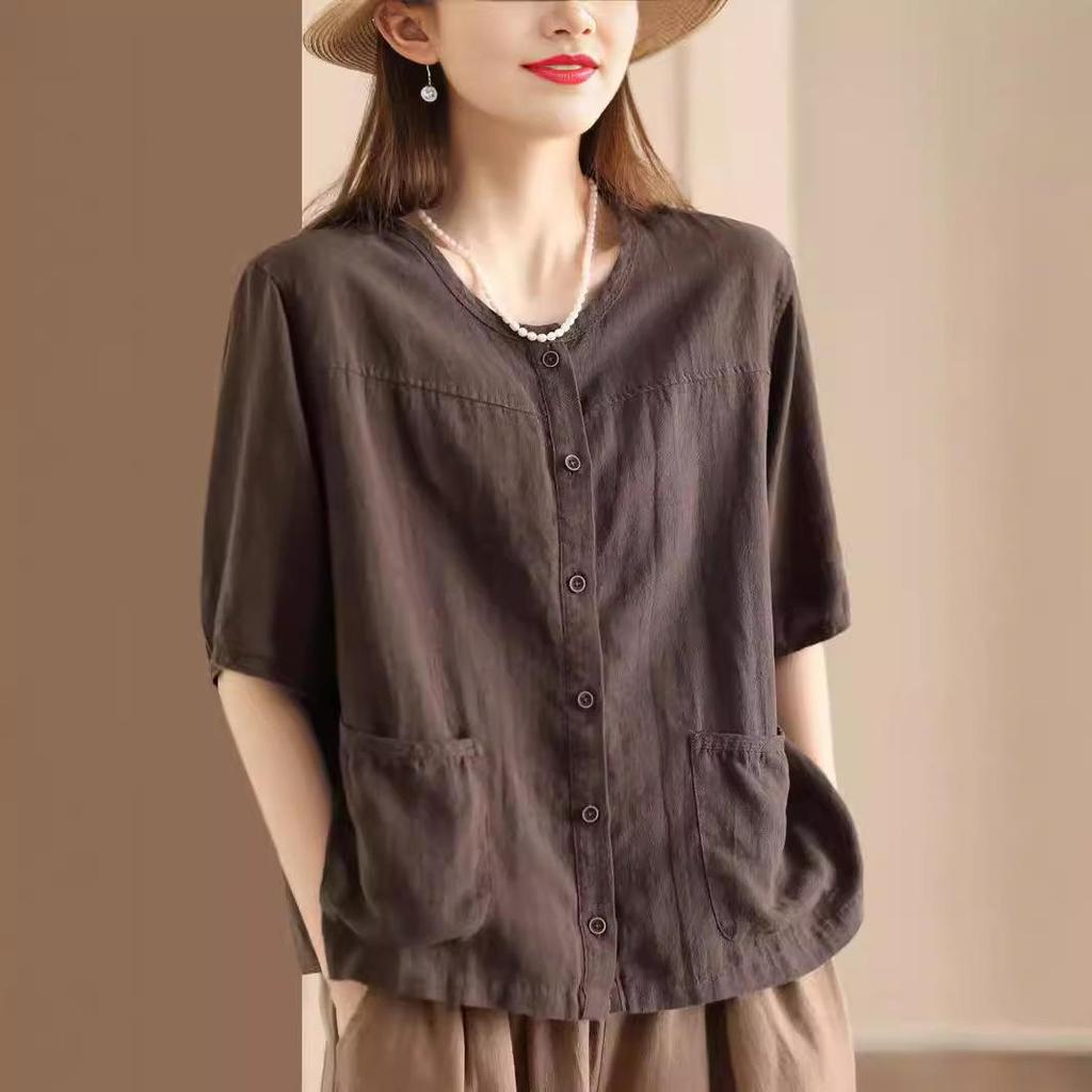 Retro Literary Open-front Cardigan Linen Shirt Summer Pocket Design Women's Casual Ethnic Style Short Sleeve Temperament
