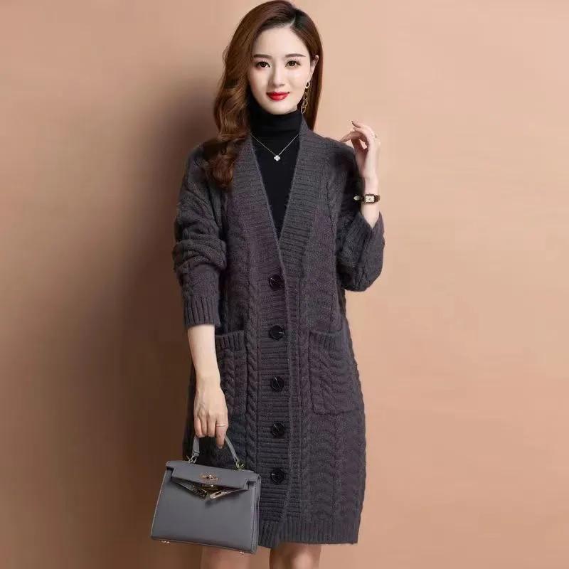 Dámský podzimní literární středně dlouhý svetr Dámský jednoduchý elegantní pletený kardiganový kabátek