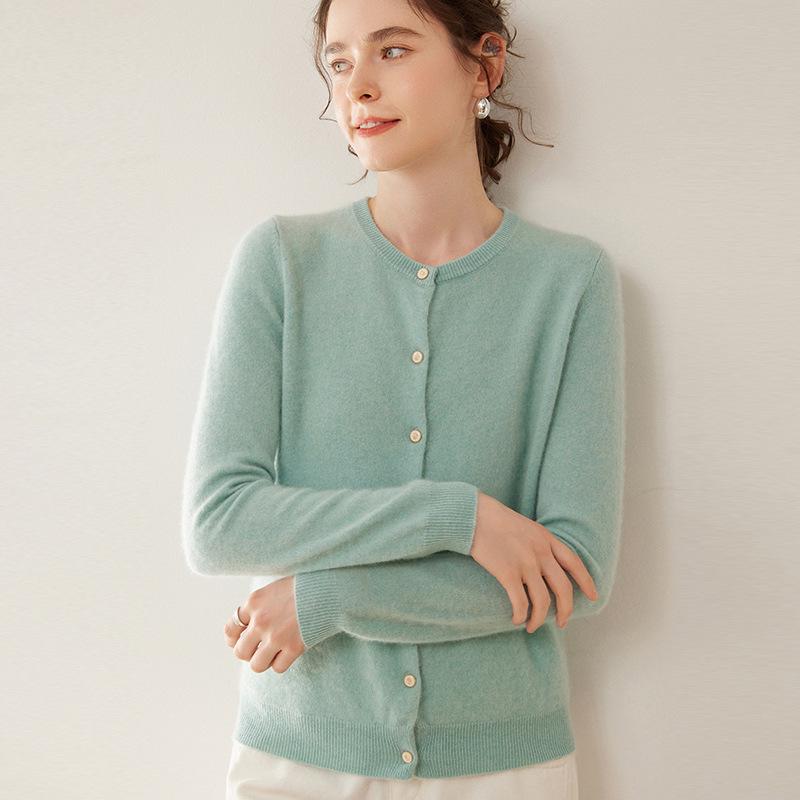 Women's Slim Fit Cashmere Cardigan - Round Neck, Lightweight, Loose Knit Sweater in Solid Color.