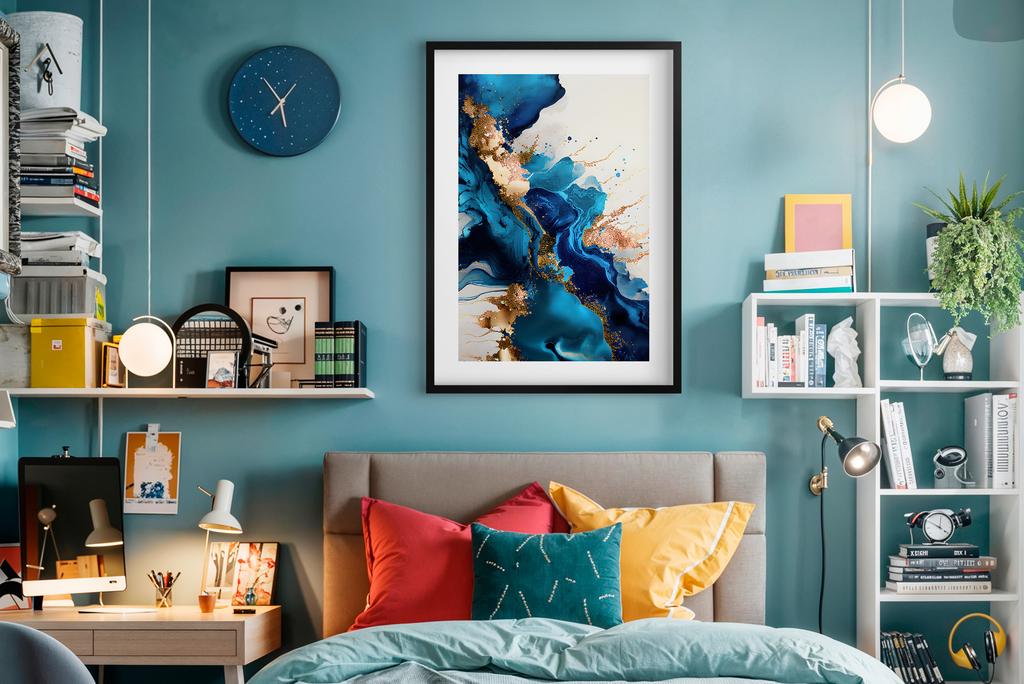 Nowoczesny Plakat Obraz Złoto Niebieska Abstrakcja na ścianę do sypialni