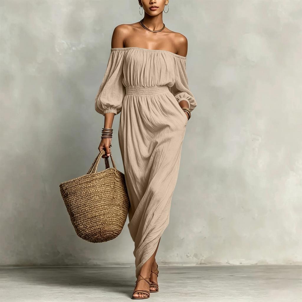 Vestido Casual de Color para Mujer con Hombros Descubiertos para Vacaciones