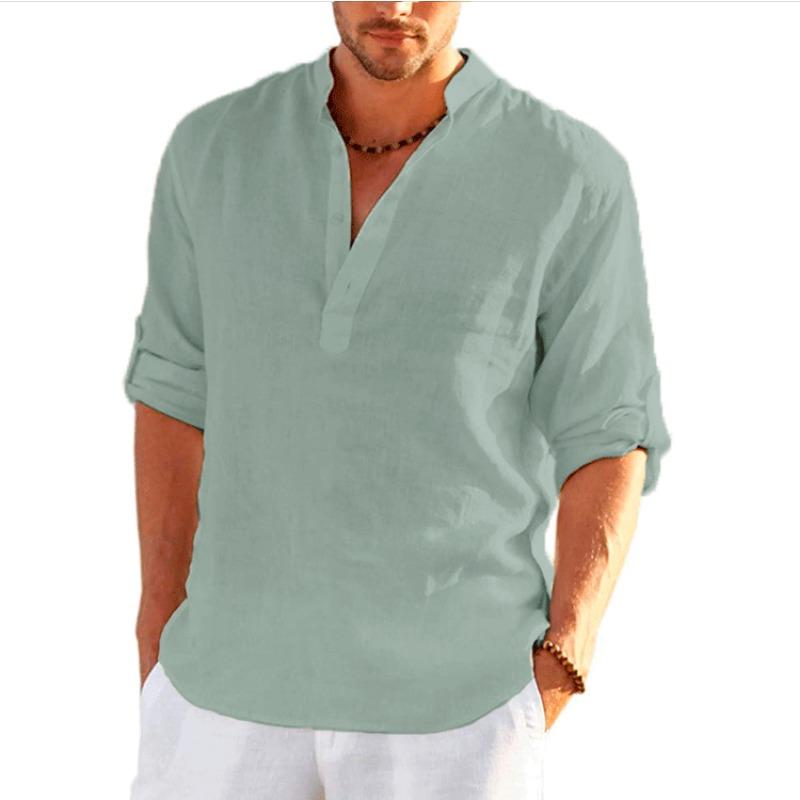 T-shirt di Lino da Uomo Top Largo Tinta Unita Maniche Lunghe Camicia di Cotone Lino