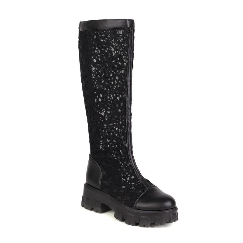 Womens Chunky Sole Platform Ankle Boot With Round Toe Side Zip Mid Heel PU Leather Stylish Knee-High