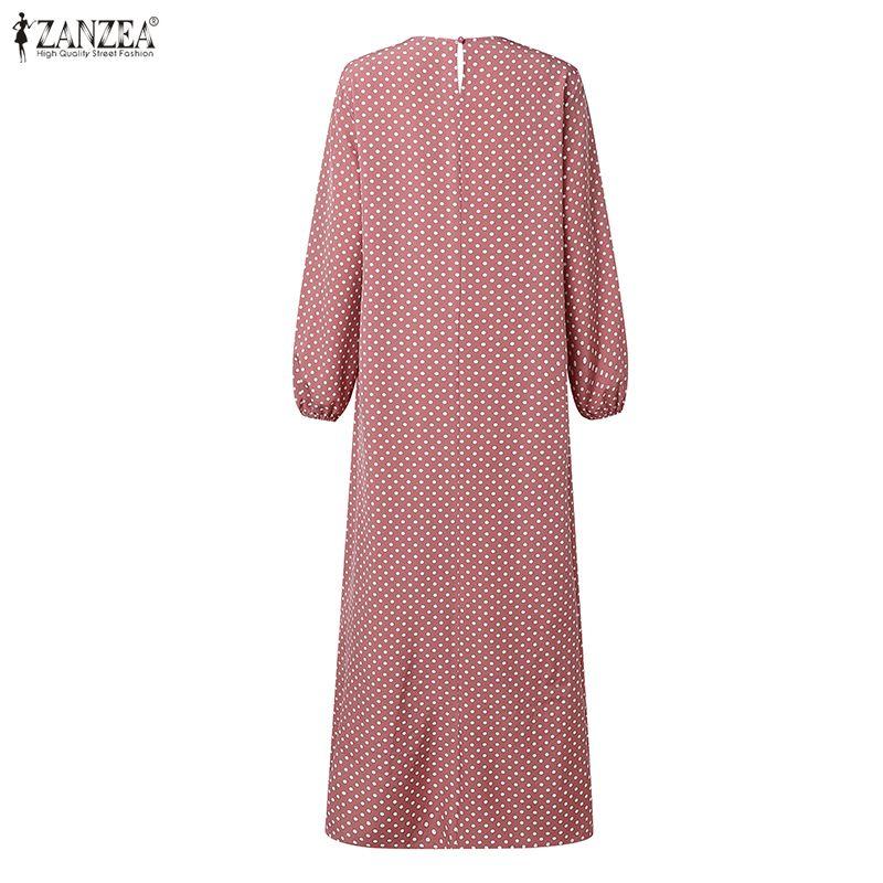 ZANZEA Women Muslim Casual Round Neck Long Sleeve Loose Polka Dot Print Dress