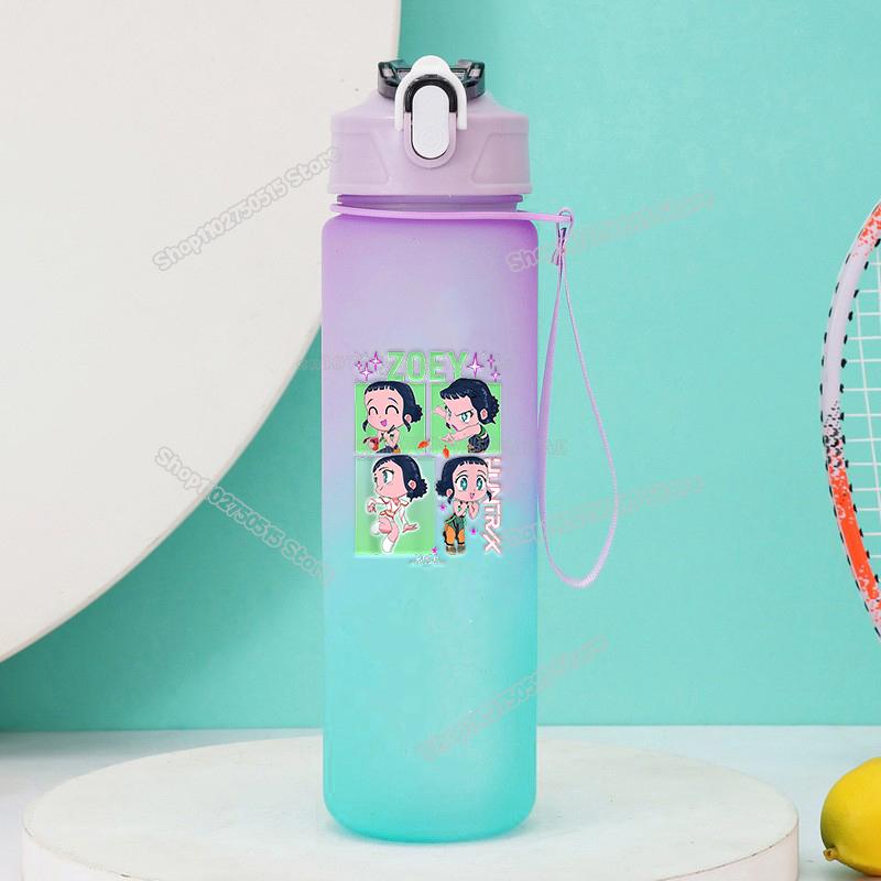 750ml KPop Demon Hunters Gradient Water Bottles High-capacity Drinking Straw Cup Portable Girl Office School Outdoor Bottles