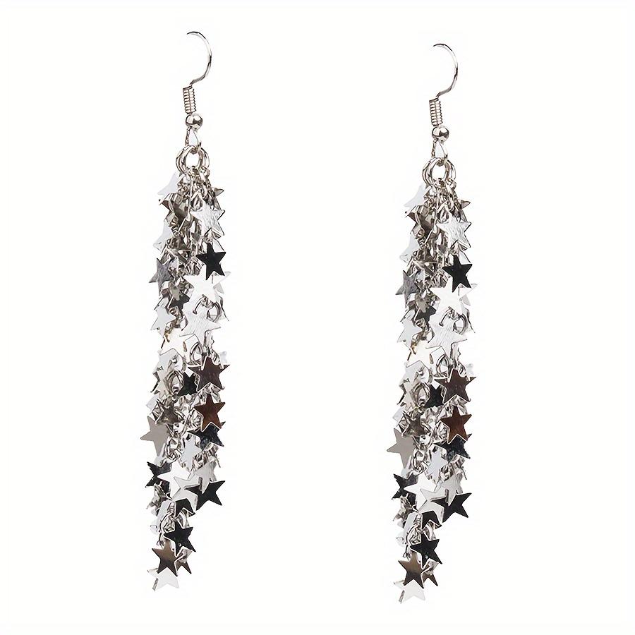 1Pair of New Bright Galaxy Star Waterfall Tassel Exaggerated Earrings High Sense Metal Sequins Five-pointed Star Internet Celebrity Earrings Women