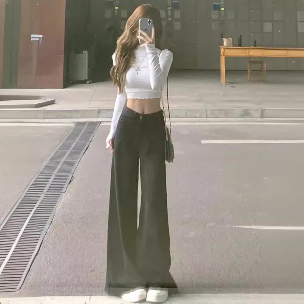Women's Retro High Waist Wide Leg Black Jeans - Summer Loose, Slimming, Drapey, Frayed Hem, Floor Length.