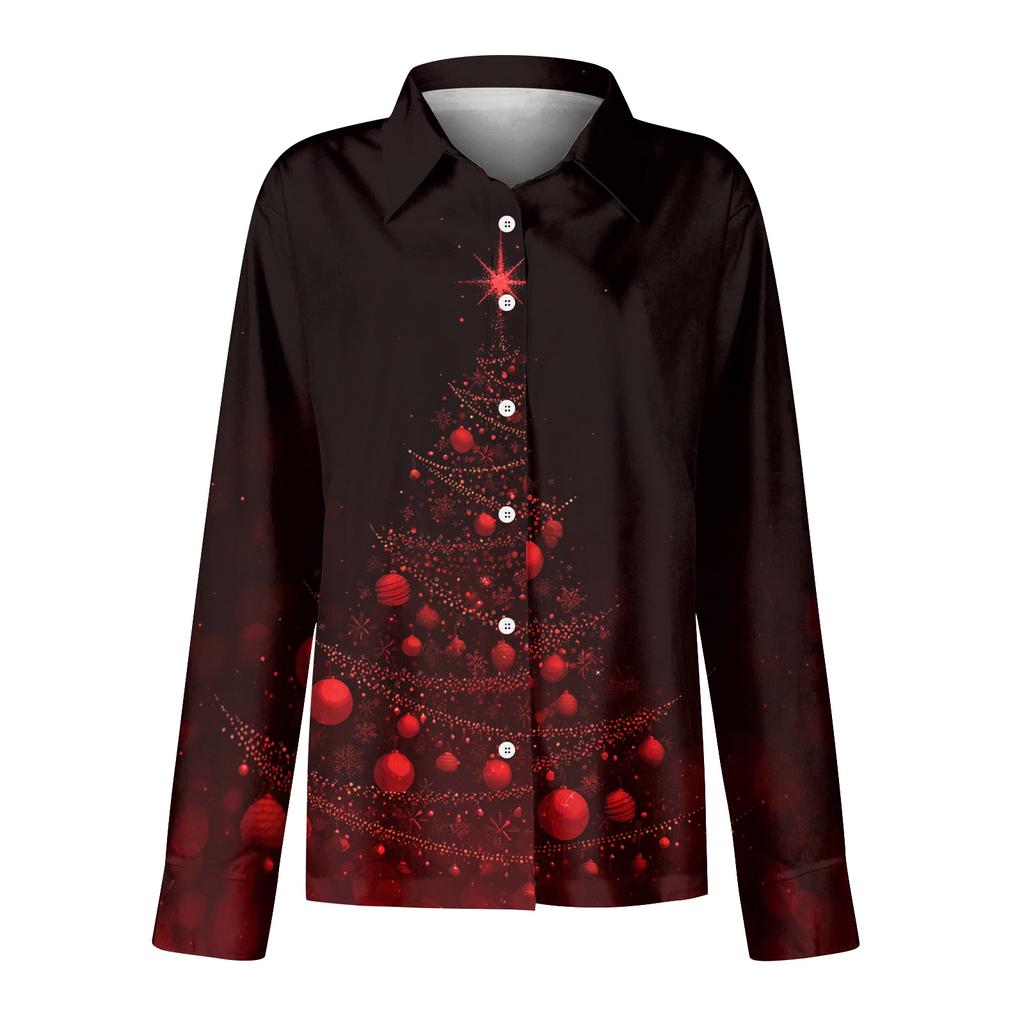 Women's Christmas Print Casual Half-Open Collar Long Sleeve Shirt