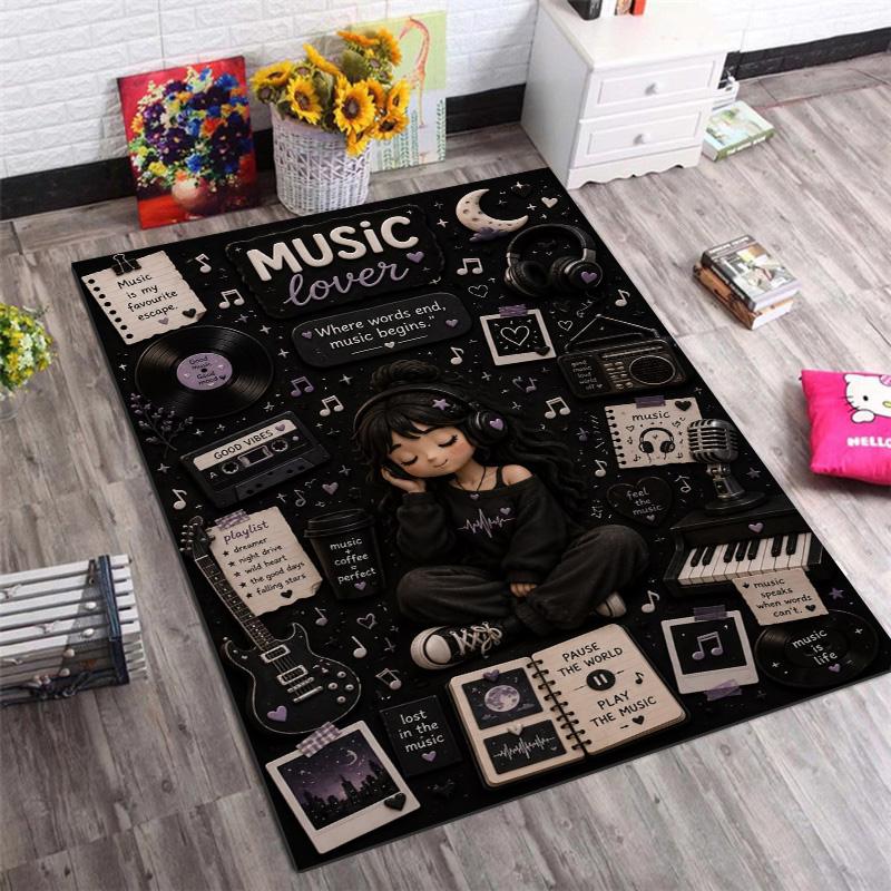 Music Lover Girl Vinyl Record Guitar Note Print Area Rug Non‑Slip Rectangular Floor Mat Art Home Decor for Gaming Room Living Bedroom