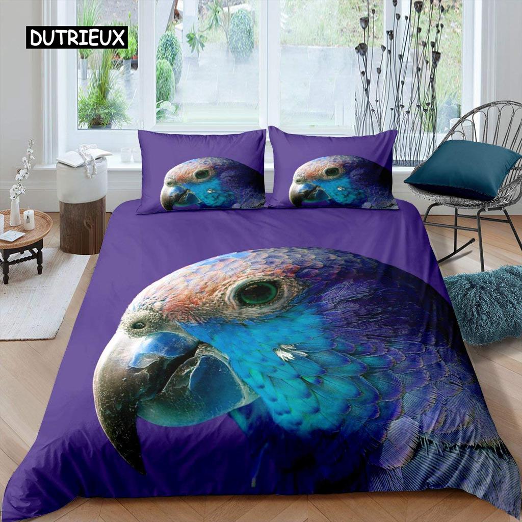 Parrot Duvet Cover Set Black White Stripe Bedding Set Green Plant Palm Leaves Quilt Cover Bird Animal Polyester Comforter Cover