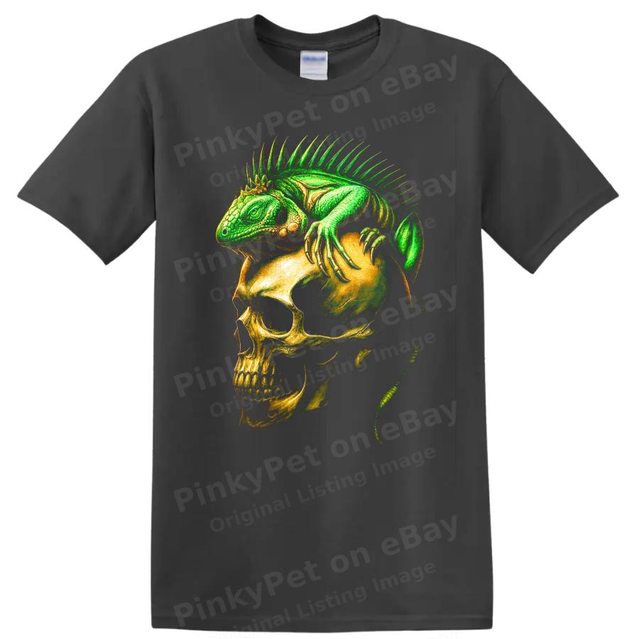 Iguana Skull T Shirt Green Reptile Skeleton Gothic Horror Graphic Art Cool Tee