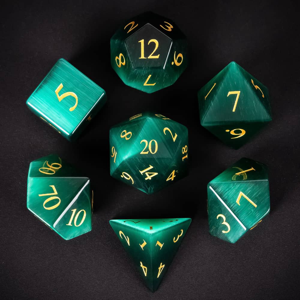 Cusdie Cat's Eye Stone DND Dice Handmade D4-D20 Polyhedral Gemstone Dice Set with Leather Box for Tabletop RPG Collection