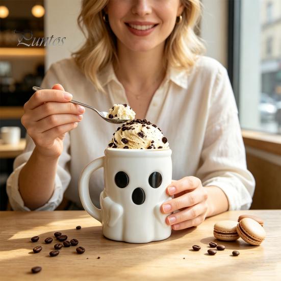 Creative Birthday Surprise Gift Halloween Ghost Ice Cream Pint Holder, Dual Spoon Slot And Theme Drinkware Handle Design Durable PLA Leak-Proof