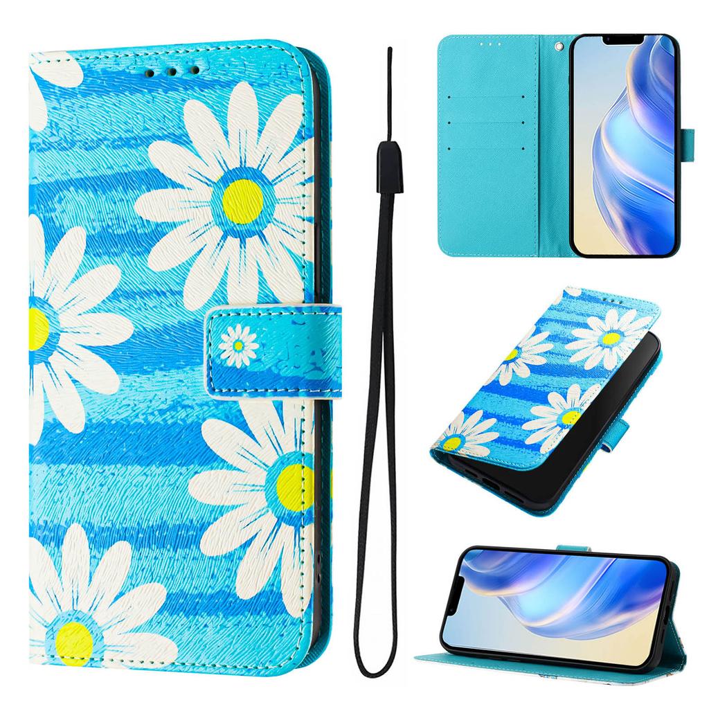 Blue Daisy Luxury Painted Leather Case Wallet PU Leather Book Style Cover for Samsung Galaxy S21 S22 S23 S24,A13 A15 A16 A06 A54...