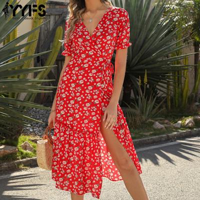Women's Fashion Summer Spring Flower Pattern Print Short Sleeve V-Neck High Waist Casual Dresses