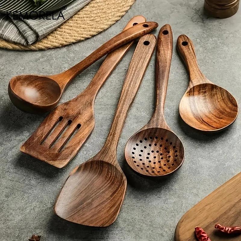1 stk. Thailand Teak Madlavningsske Naturligt Træ Køkkenbordsservice Værktøj Suppeske Spatel Ris Si Suppe Skimmer Ske Redskaber