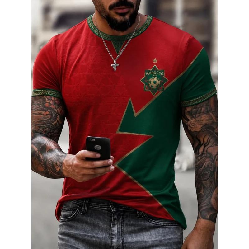 Bobby3 Marokko 2026 Thuis Voetbalshirt Rood Islamitisch 3D Print Korte Mouw Voetbalshirt Arabische Letter Print Fan Sport T-shirt Top 2XL