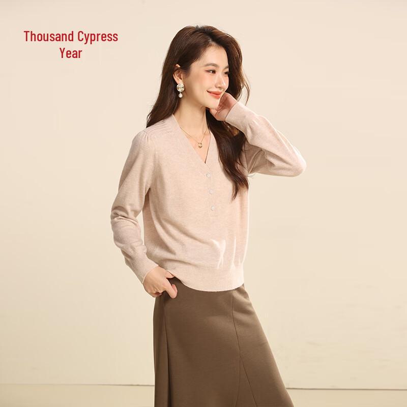 Qianbainian Women's Elegant V-Neck 100% Wool Knit Top