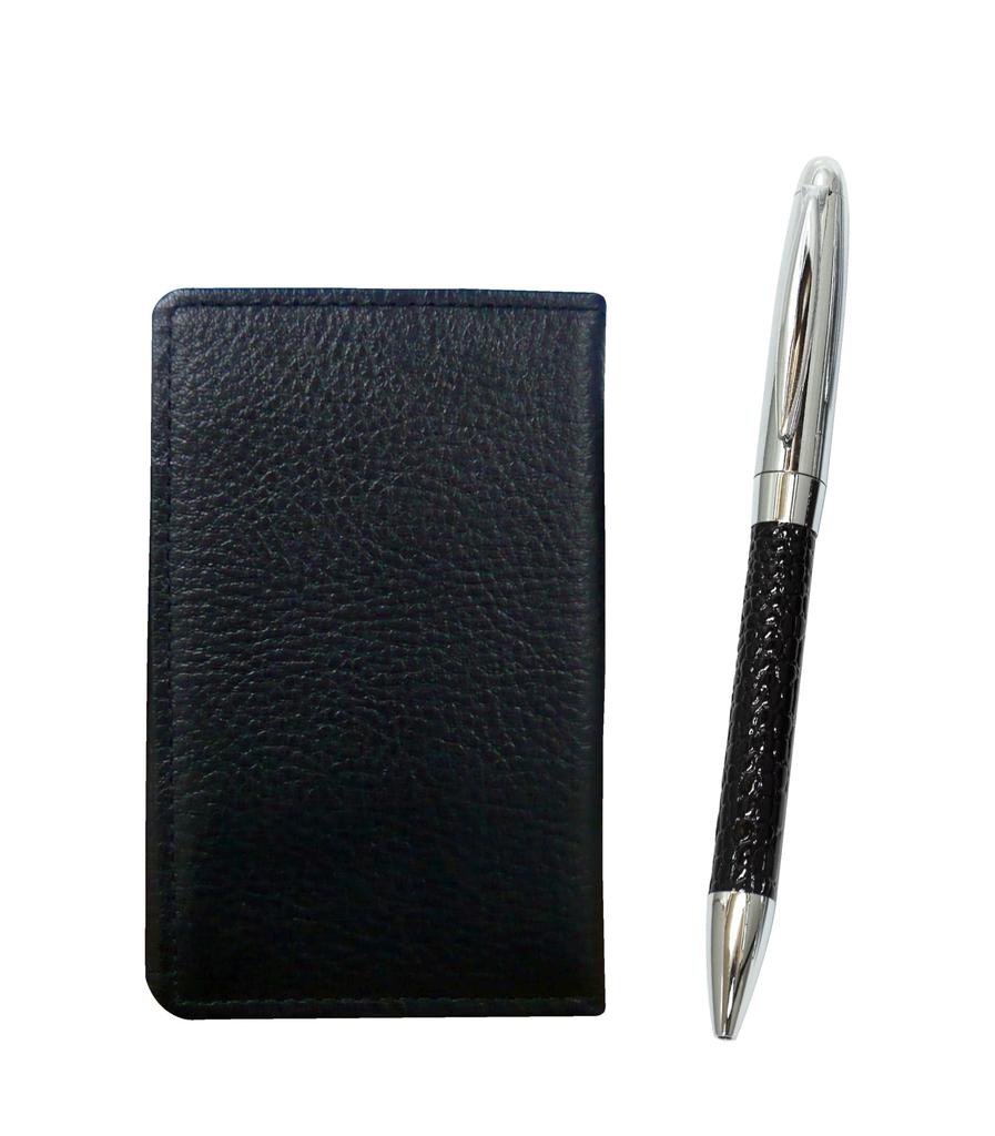Black grained cowhide business card holder with genuine rotating ballpoint pen and black leather-wrapped Director's set, MEIB-PD03-B