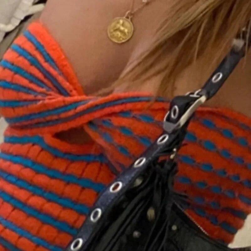 Fashion Hollow Out Striped Knitted Tank Tops Women Summer Vacation Strapless Sexy Crop Tops Y2K Slim Fit Knitears Tanks 30570