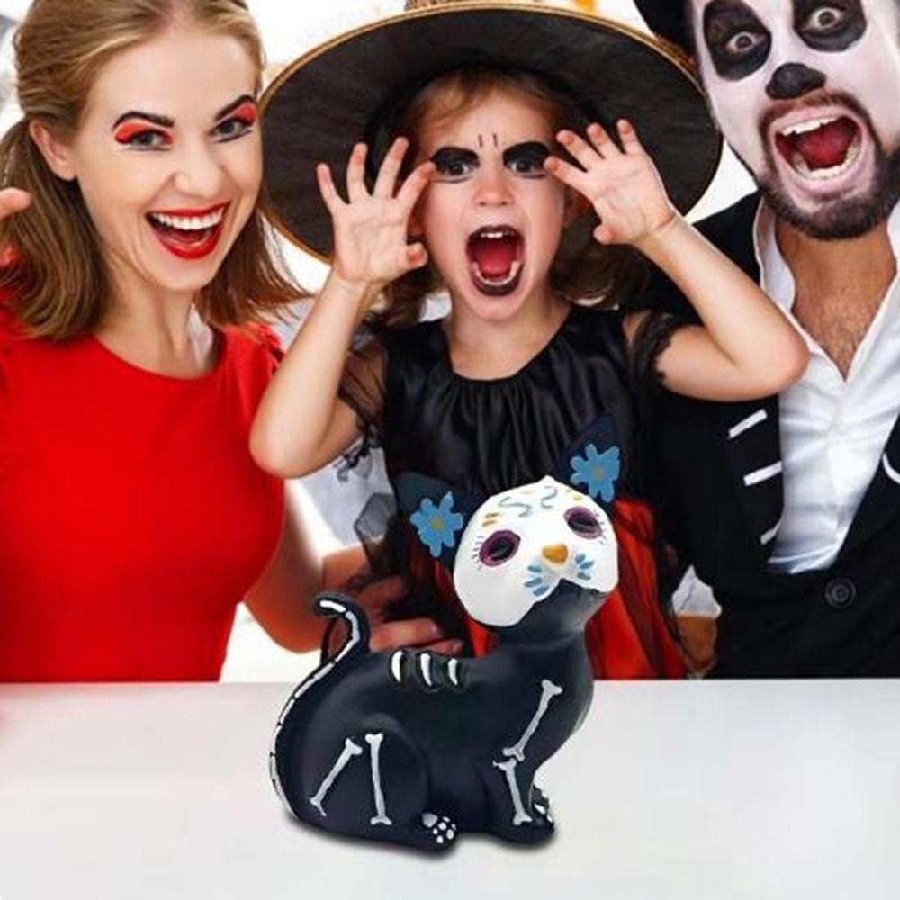 Colorful Black Cat Skeleton Figurine Resin Black Cat Statue Halloween Black Dog Figurine Cabinet