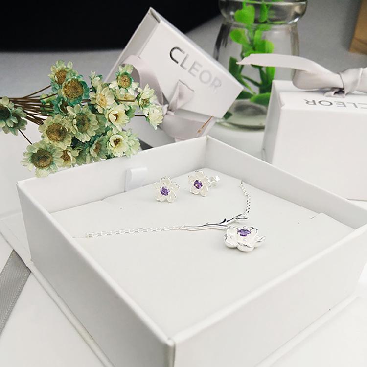 Silver Cherry Blossom Branch Necklace - Simple Flower Pendant for Women