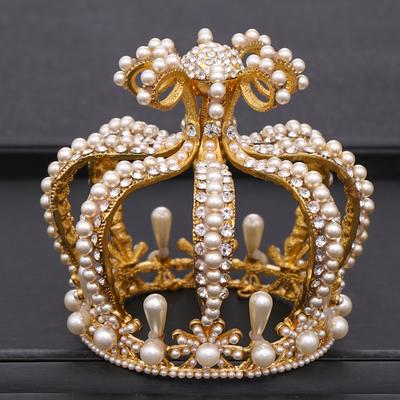 Coiffe de Mariée Baroque Cristal Perle Diadème Or Couronne Ronde Reine Tiare Bijoux Fête d'Anniversaire Mariage Accessoires Cheveux