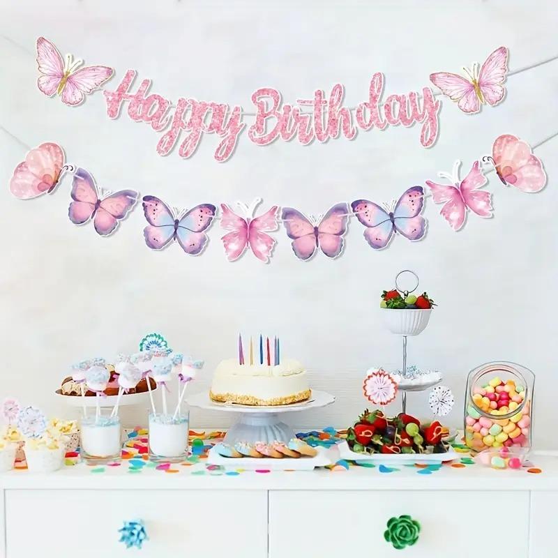 Butterfly Theme Happy Birthday Banner - Dance Pendant Design, Party Decorations, Happy Birthday Photo Props