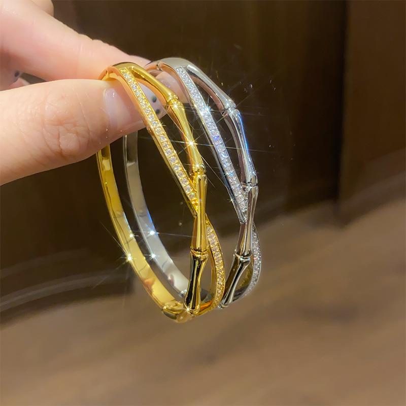 18K Gold Plated Zircon Bamboo Buckle Bangle - New Chinese Tide Exquisite Bracelet, High-End Niche Jewelry.