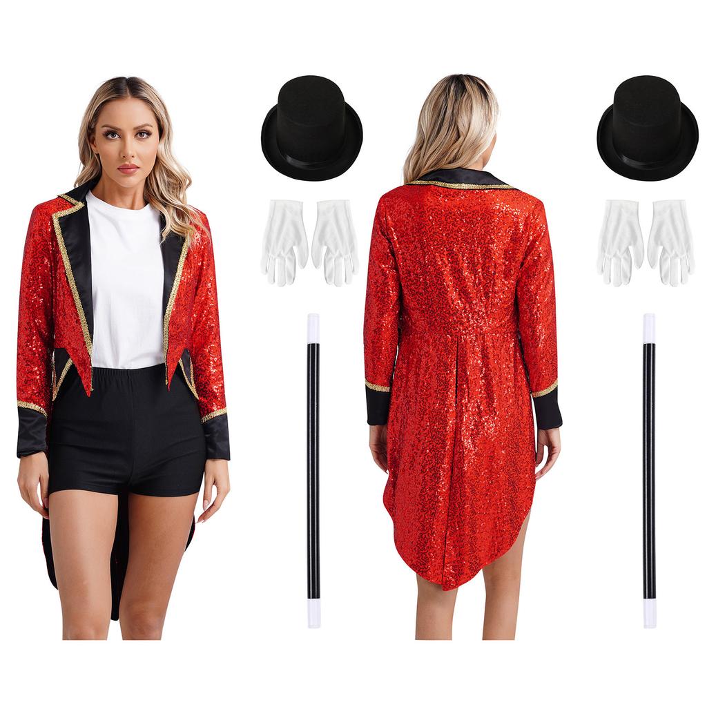 Womens Ringmaster Sequin Tailcoat Set Bowler Hat White Gloves Magic Wand 4 Pieces Circus Halloween Costume