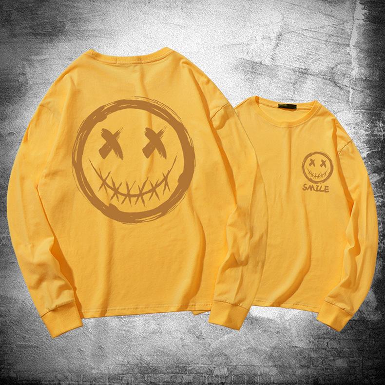 Japanese long-sleeved T-shirt men's summer tide personality graffiti smiley face print little devil grimace Hong Kong style loose top