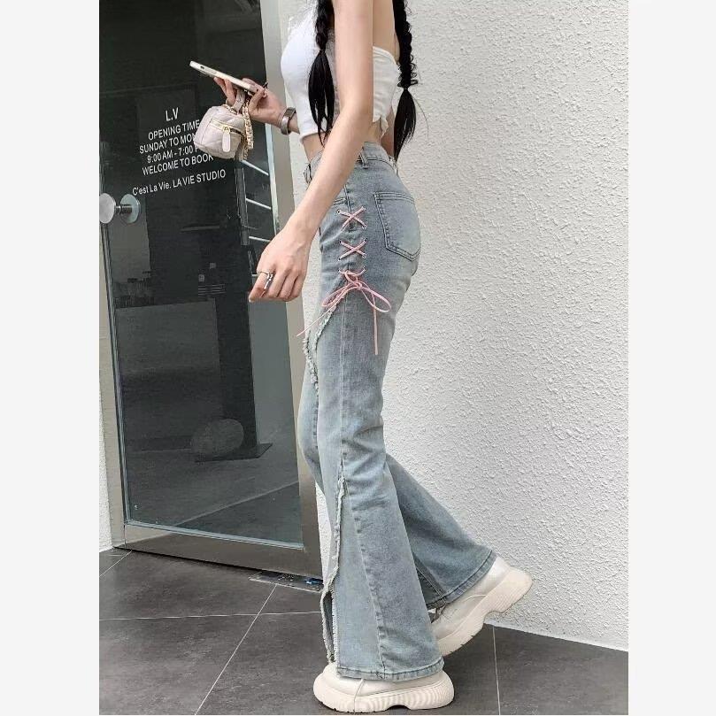 

Women s High Waist Flared Strappy Jeans - Elastic, Slim Fit, Split Design for Autumn Medium світло-синій колір